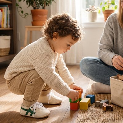 Chaussure bebe avec garçon jouant