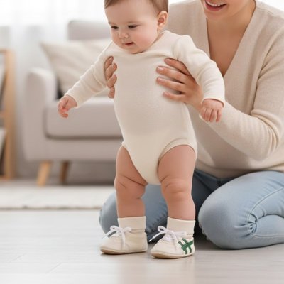 Chaussure bebe avec maman qui tient bébé