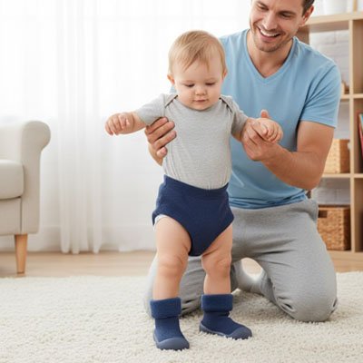 Chaussure bebe bleu avec bébé et et papa