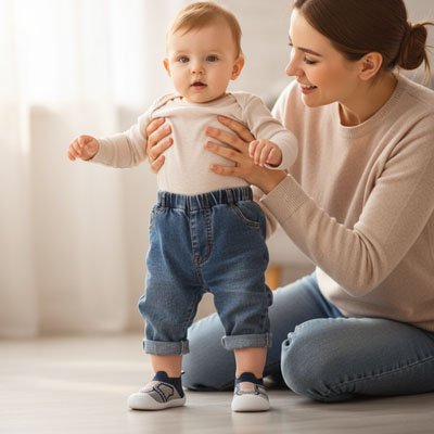 Chaussure bebe bleu foncé avec bébé et maman