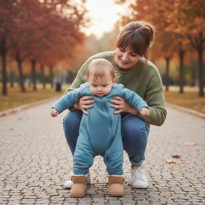 Chaussure bebe marron avec bébé et maman