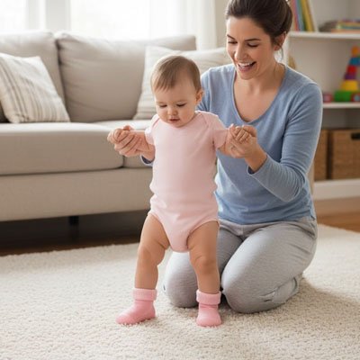 Chaussure bebe rose avec bébé et maman