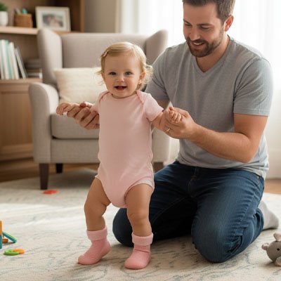 Chaussure bebe rose avec bébé et papa