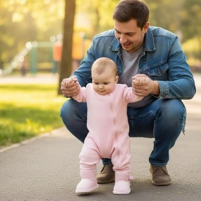 Chaussure bebe rose avec bébé et papa