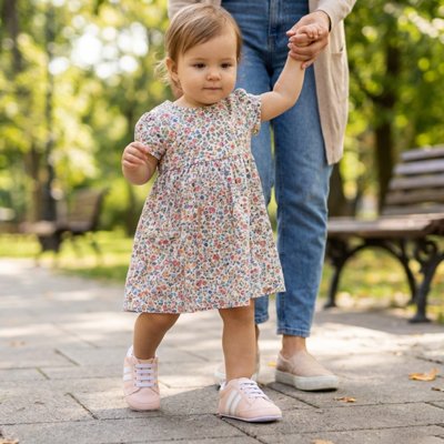 Chaussure bebe rose avec bébé marchant