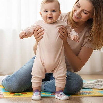 Chaussure bebe rose avec maman et bébé