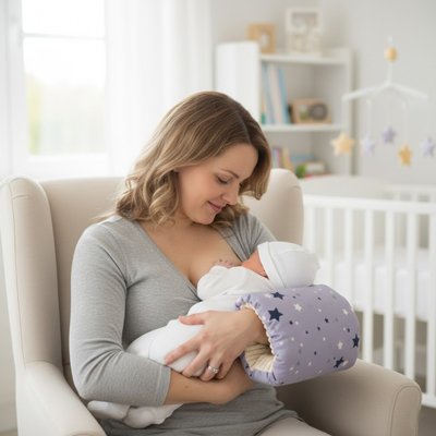 Coussin d'allaitement étoilé avec maman qui allaite bébé