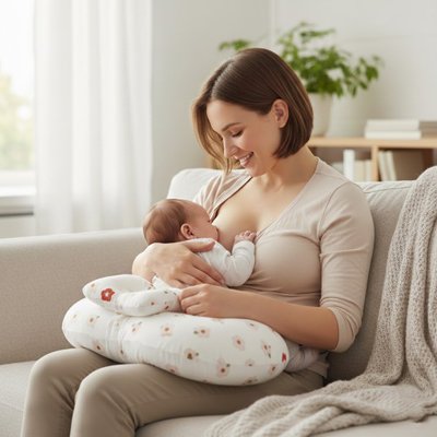 Coussin d'allaitement fleur avec maman qui allaite bébé