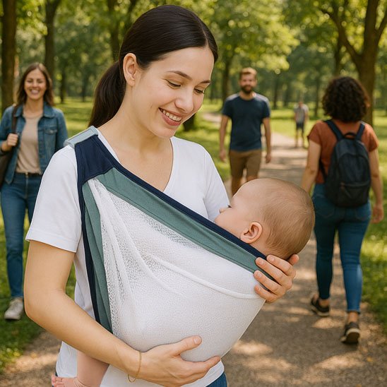 Echarpe de portage maille verte avec maman et bébé