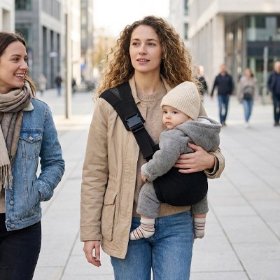 Porte bebe avec bébé et maman avec amie