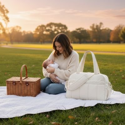Sac a langer avec maman et bébé et panier de piquenique