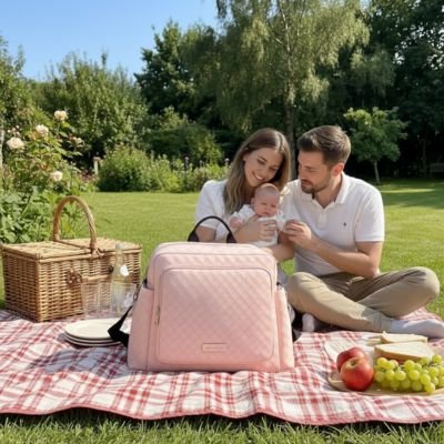 Sac a langer bebe carreaux roses sur banc de parc