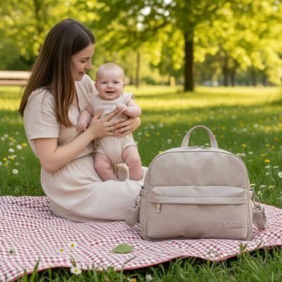 Sac a langer beige a dos Soboba avec maman et bébé