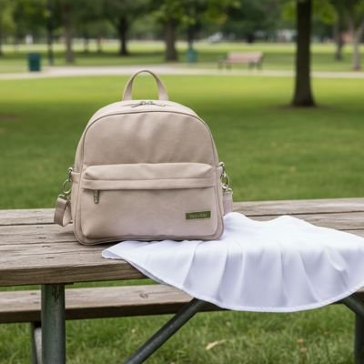 Sac a langer beige a dos Soboba sur table  