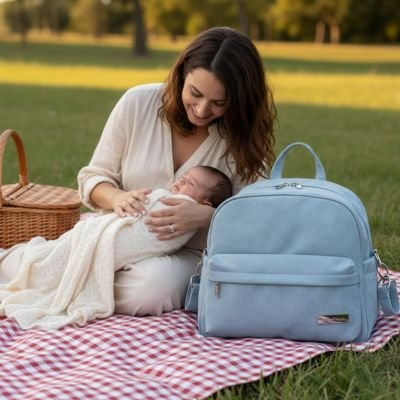 Sac a langer bleu a dos Soboba avec maman et bébé