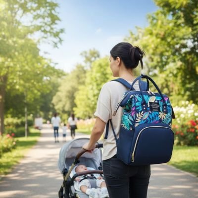 Sac a langer bleu avec maman et bébé dans une poussette