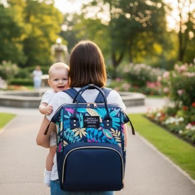Sac a langer bleu avec maman et bébé souriant