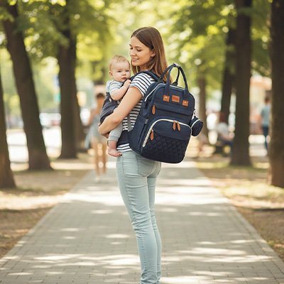Sac a langer bleu avec maman qui transport bébé
