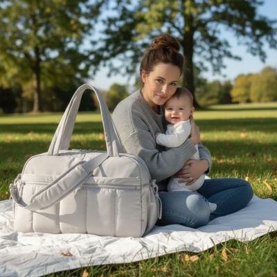 Sac a langer gris avec maman et bébé sur couverte