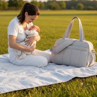 Sac a langer gris avec maman qui tient bébé dans ses bras