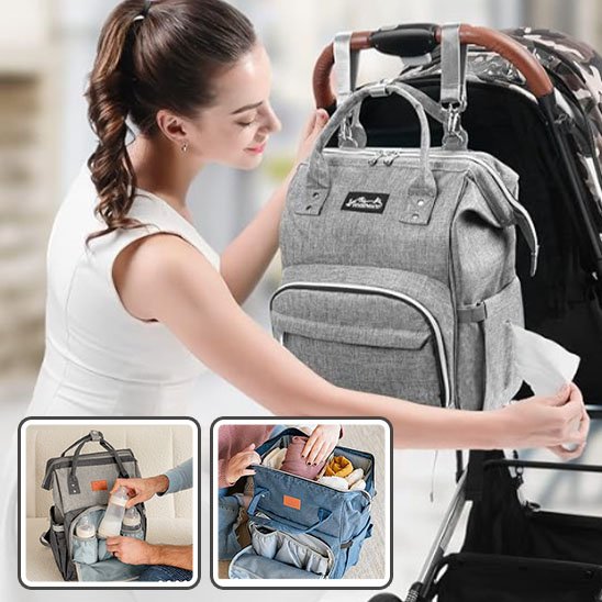 Sac a langer gris pale attaché sur poussette