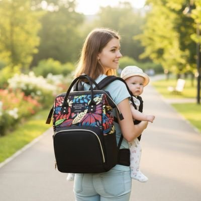 Sac a langer noir avec maman et bébé