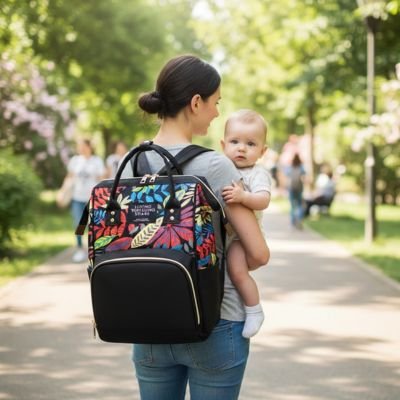 Sac a langer noir avec maman qui promène bébé