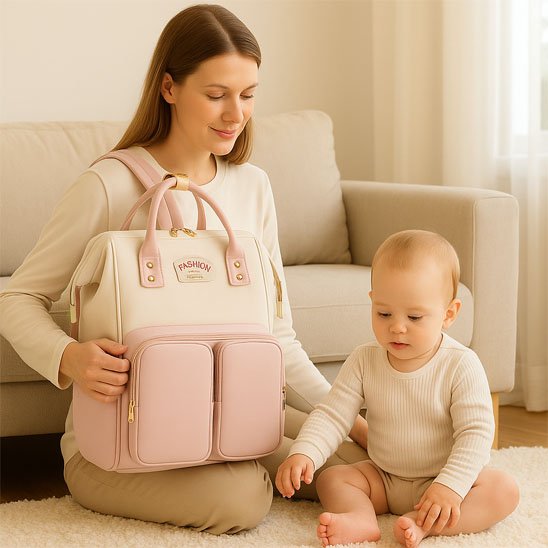 Sac a langer rose et beige avec maman et bébé assis