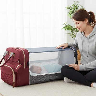 Sac a langer rouge avec maman et bébé qui dort