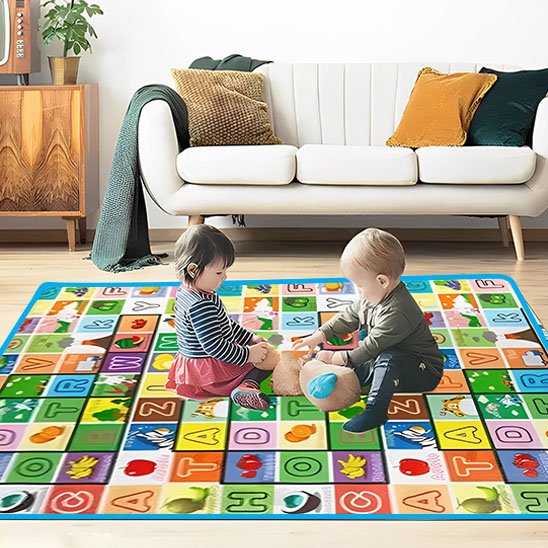 tapis d'éveil avec lettres et deux enfants qui s'amusent
