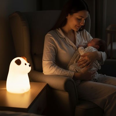 Veilleuse bébé chiot sur table avec bébé et enfant