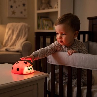 Veilleuse bébé coccinelle avec enfant qui veut la toucher