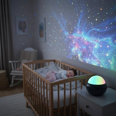 Veilleuse projection couleur noire avec bébé qui dort dans son lit