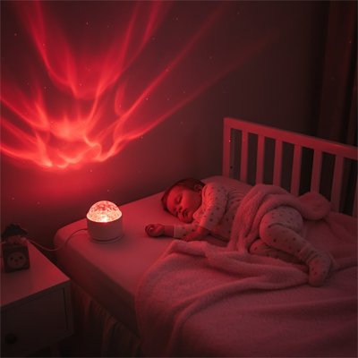 Veilleuse projection en rouge avec bébé qui dort