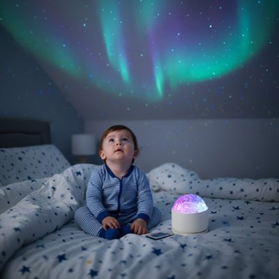 Veilleuse projection sur le lit avec bébé qui regarde les étoiles