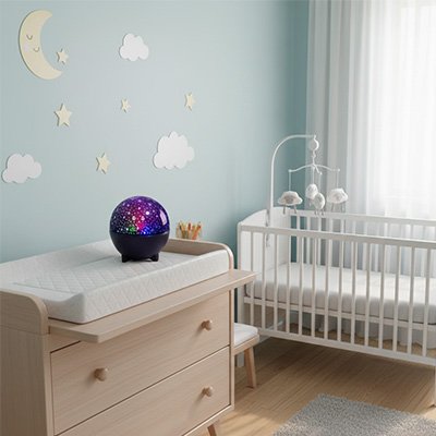 Veilleuse projection sur une table avec un lit de bébé