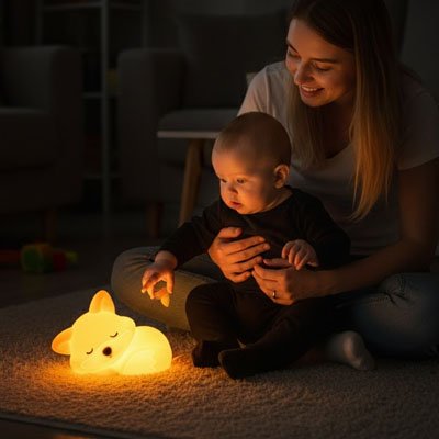 Veilleuse renard apaisant avec bébé et maman